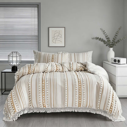 Tufted Stripe Tassel Quilt Cover Set Cotton Microfibre Blend