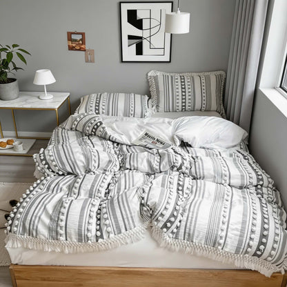 Tufted Stripe Tassel Quilt Cover Set Cotton Microfibre Blend