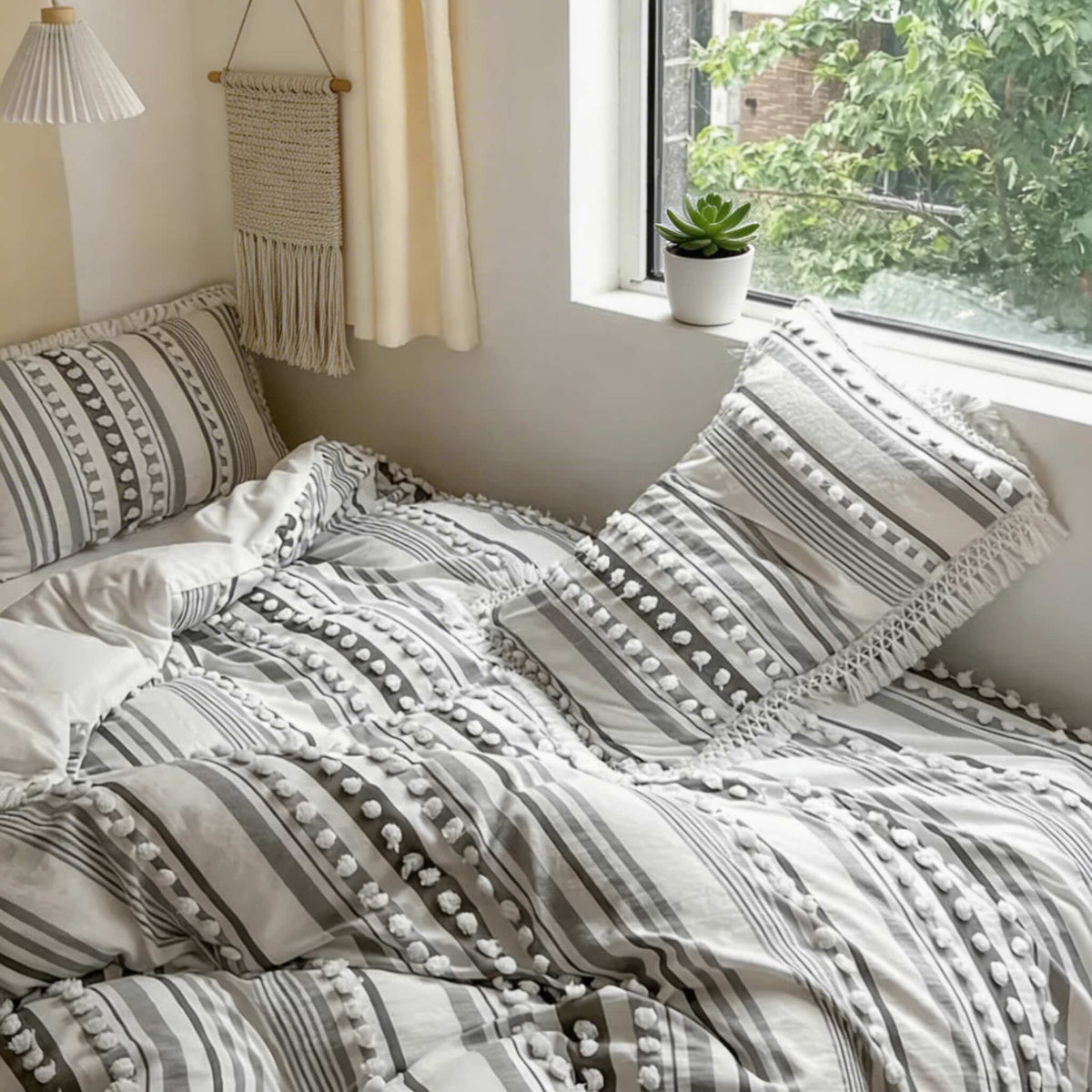 Tufted Stripe Tassel Quilt Cover Set Cotton Microfibre Blend