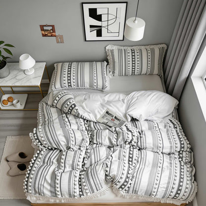 Tufted Stripe Tassel Quilt Cover Set Cotton Microfibre Blend
