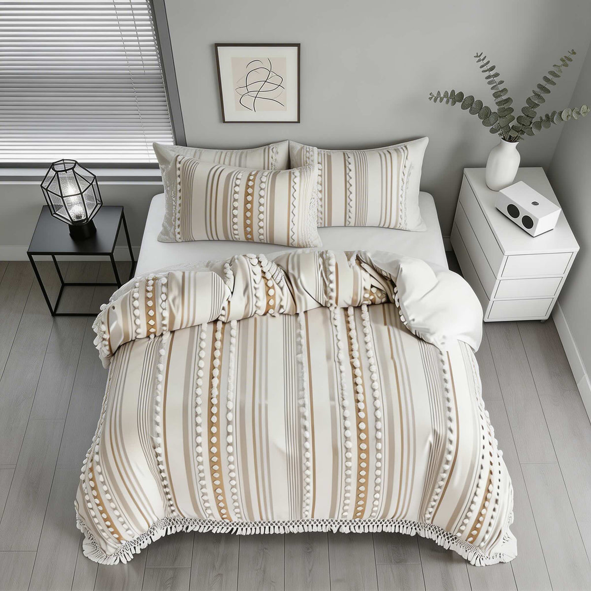 Tufted Stripe Tassel Quilt Cover Set Cotton Microfibre Blend