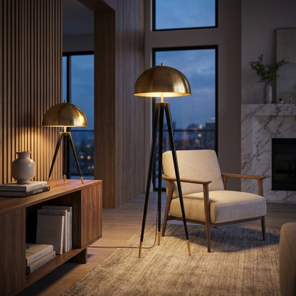 Tripod Floor Lamp Gold Iron Mushroom LED Light