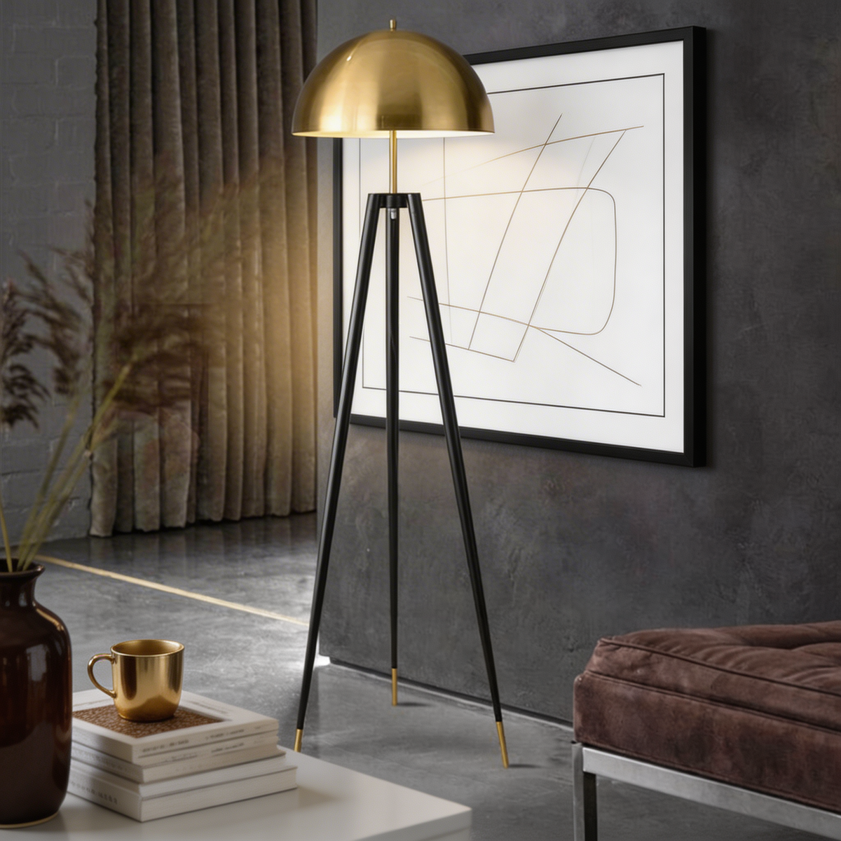 Tripod Floor Lamp Gold Iron Mushroom LED Light
