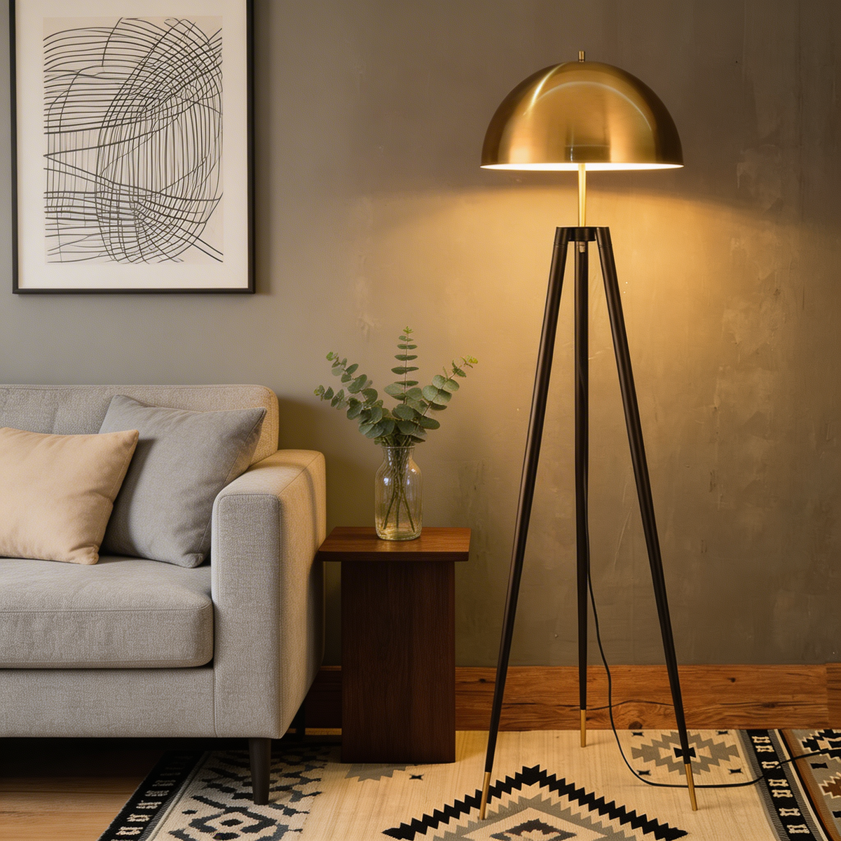 Tripod Floor Lamp Gold Iron Mushroom LED Light