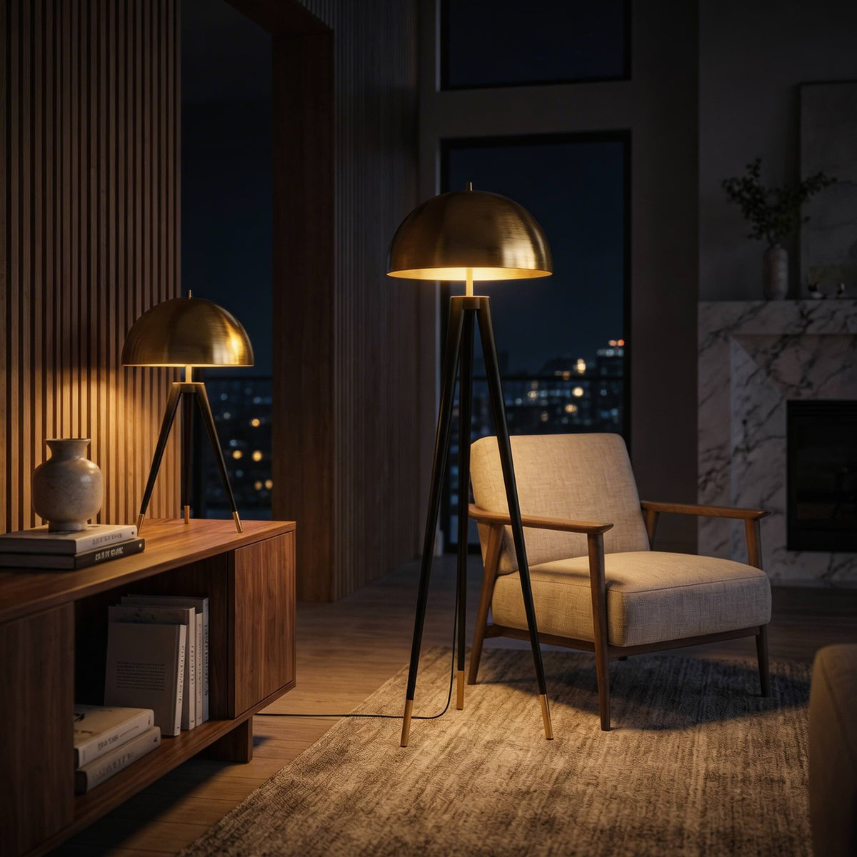 Tripod Floor Lamp Gold Iron Mushroom LED Light