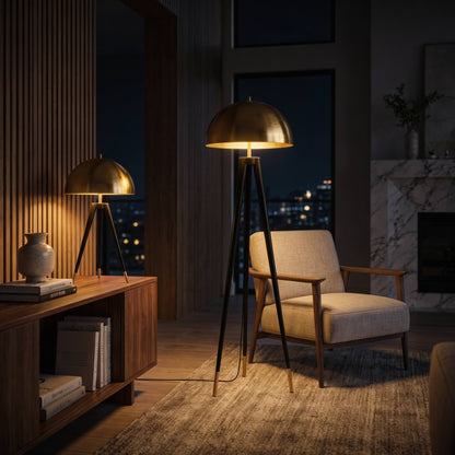 Tripod Floor Lamp Gold Iron Mushroom LED Light