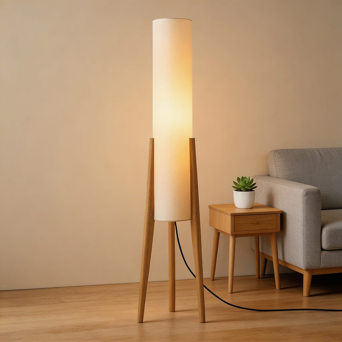 Nordic Wood Tricolor LED Floor Lamp Cloth Shade