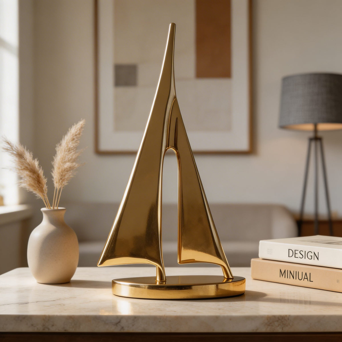 Copper Sailboat Sculpture Gold Finish 20cm Nautical Desk Ornament