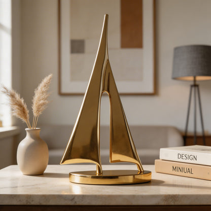 Copper Sailboat Sculpture Gold Finish 20cm Nautical Desk Ornament