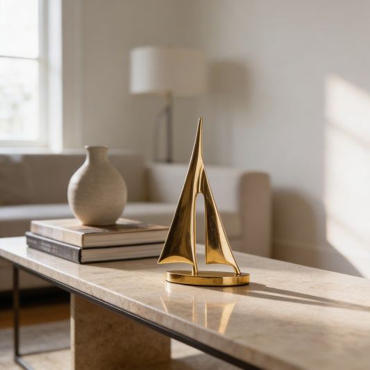 Copper Sailboat Sculpture Gold Finish 20cm Nautical Desk Ornament