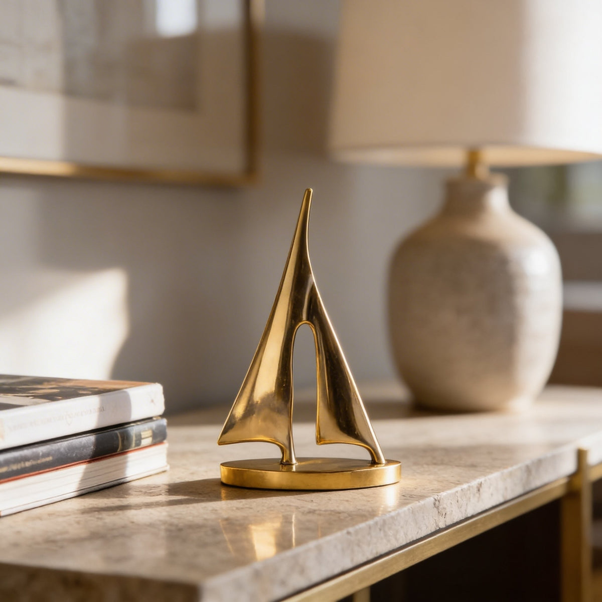 Copper Sailboat Sculpture Gold Finish 20cm Nautical Desk Ornament