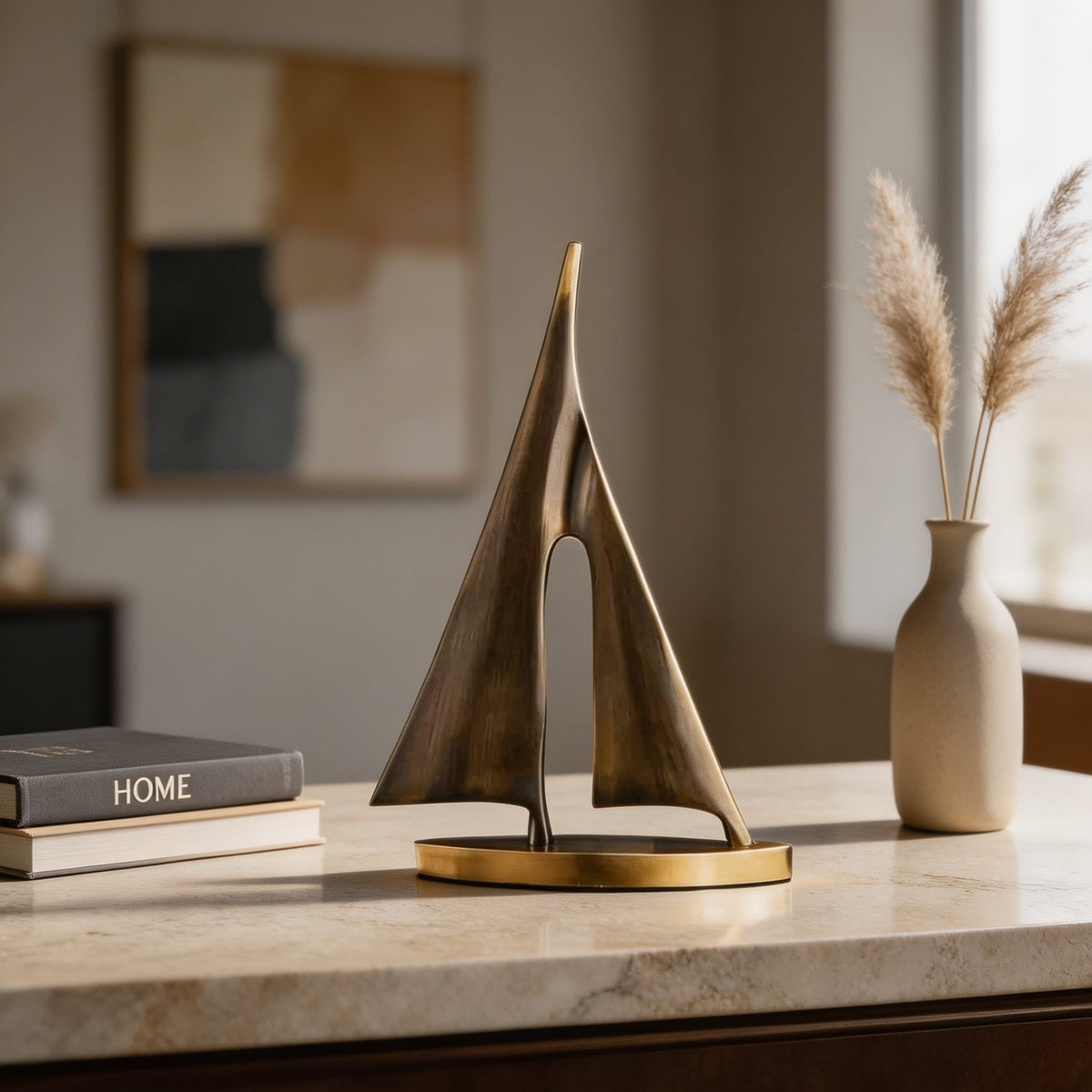 Copper Sailboat Sculpture Gold Finish 20cm Nautical Desk Ornament