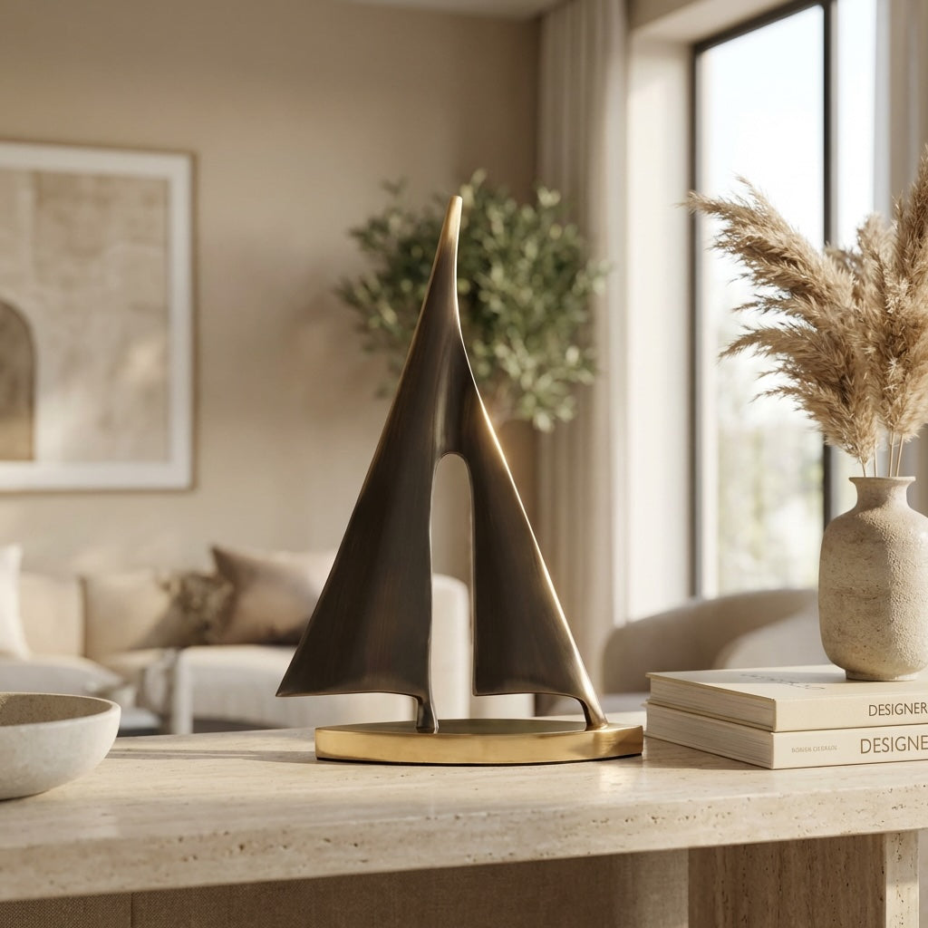 Copper Sailboat Sculpture Gold Finish 20cm Nautical Desk Ornament