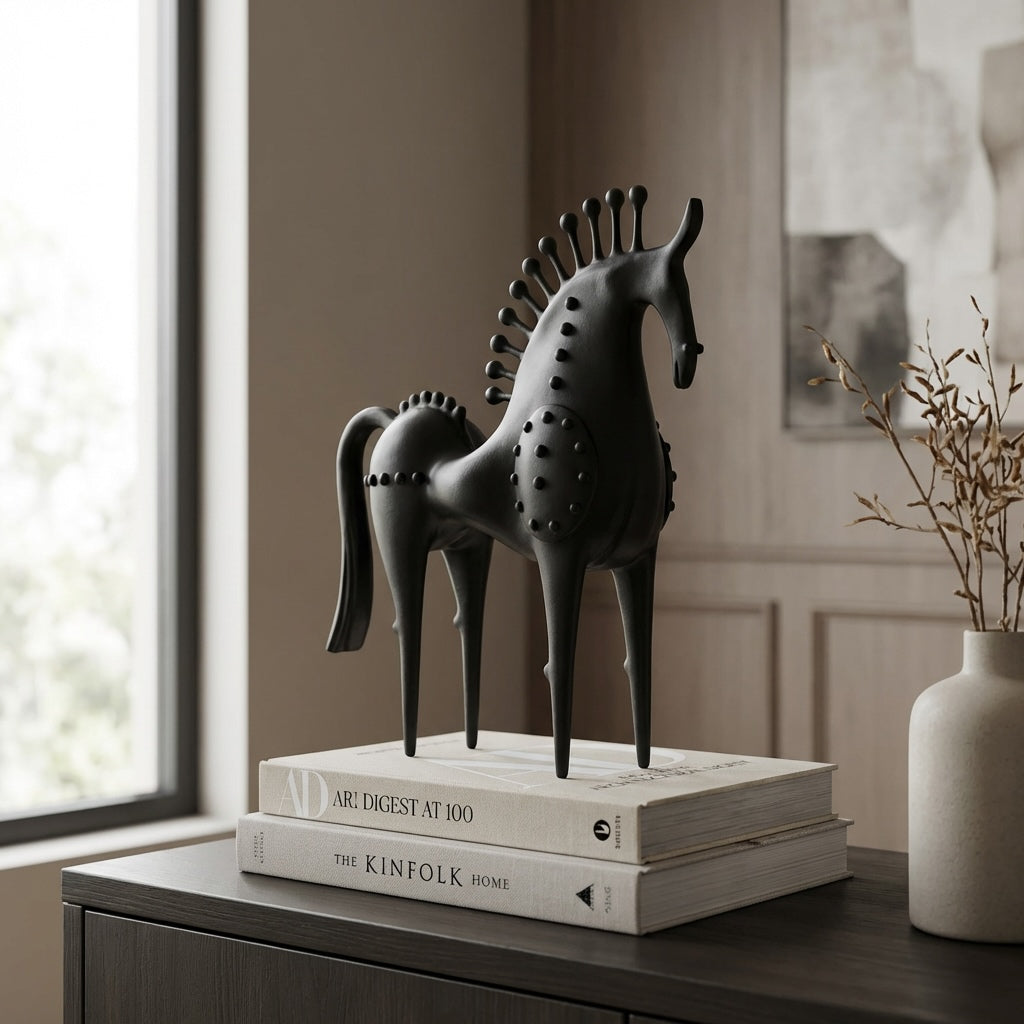 Cast Iron Abstract Horse Statue Handmade Black Decor Sculpture