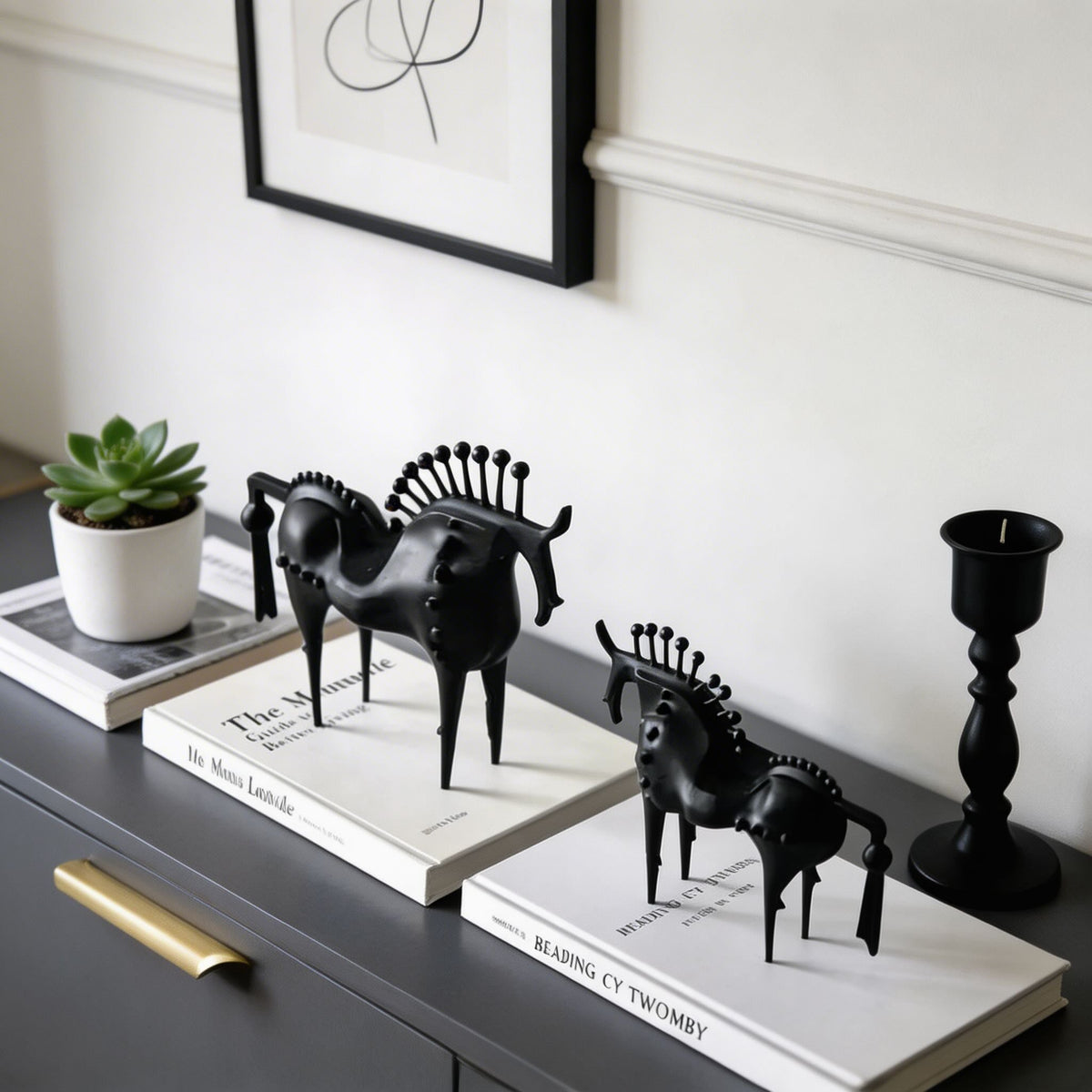 Cast Iron Abstract Horse Statue Handmade Black Decor Sculpture