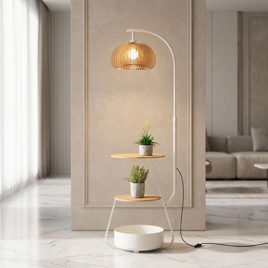Arc Floor Lamp Tiered Shelves Bronze 3-Color LED