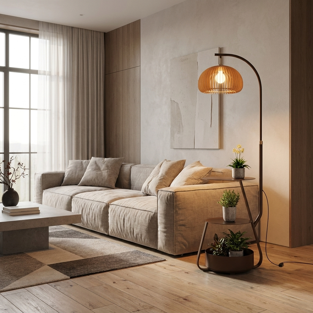 Arc Floor Lamp Tiered Shelves Bronze 3-Color LED