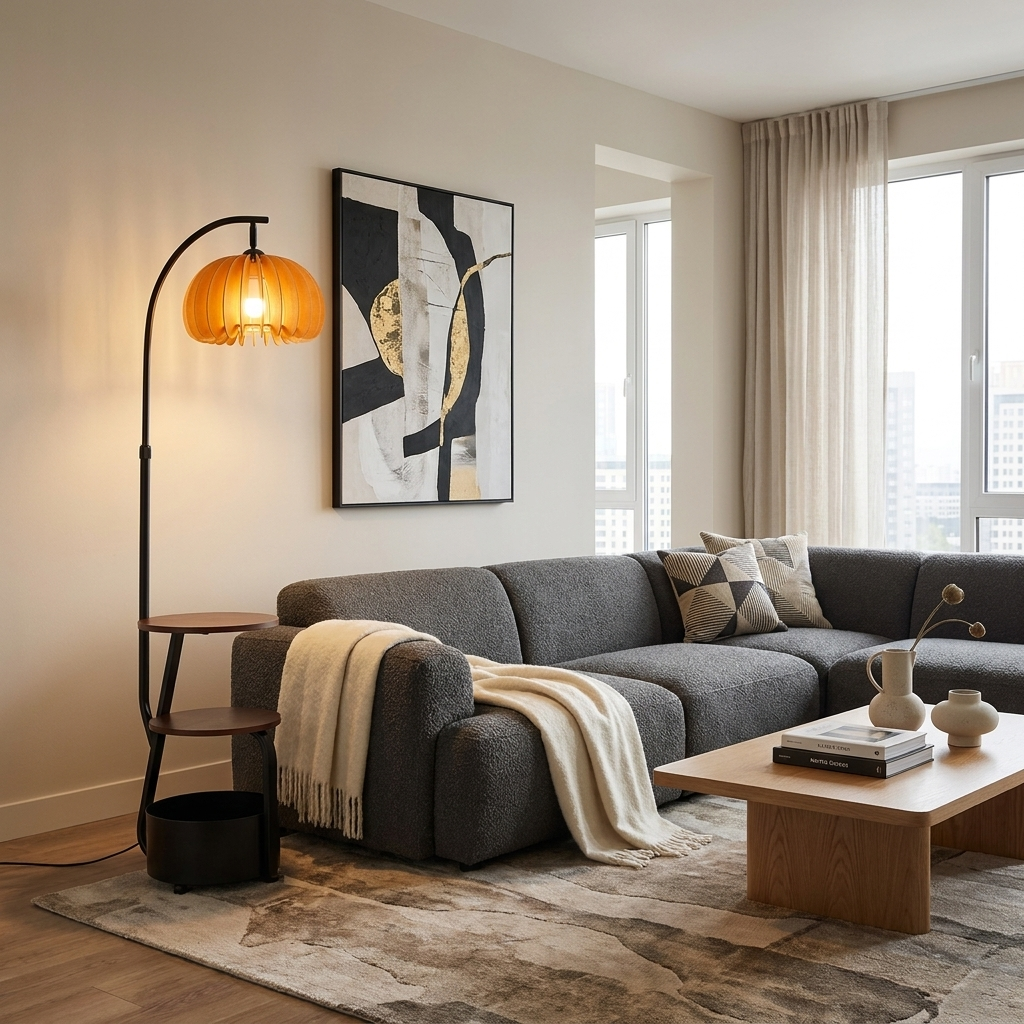 Arc Floor Lamp Tiered Shelves Bronze 3-Color LED