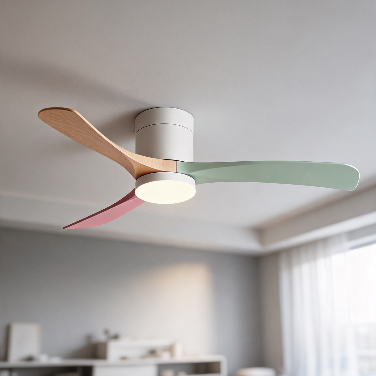 Tri-Colour LED Flush Mount DC Ceiling Fan with Light 2400 Lumens 96 to 142 cm