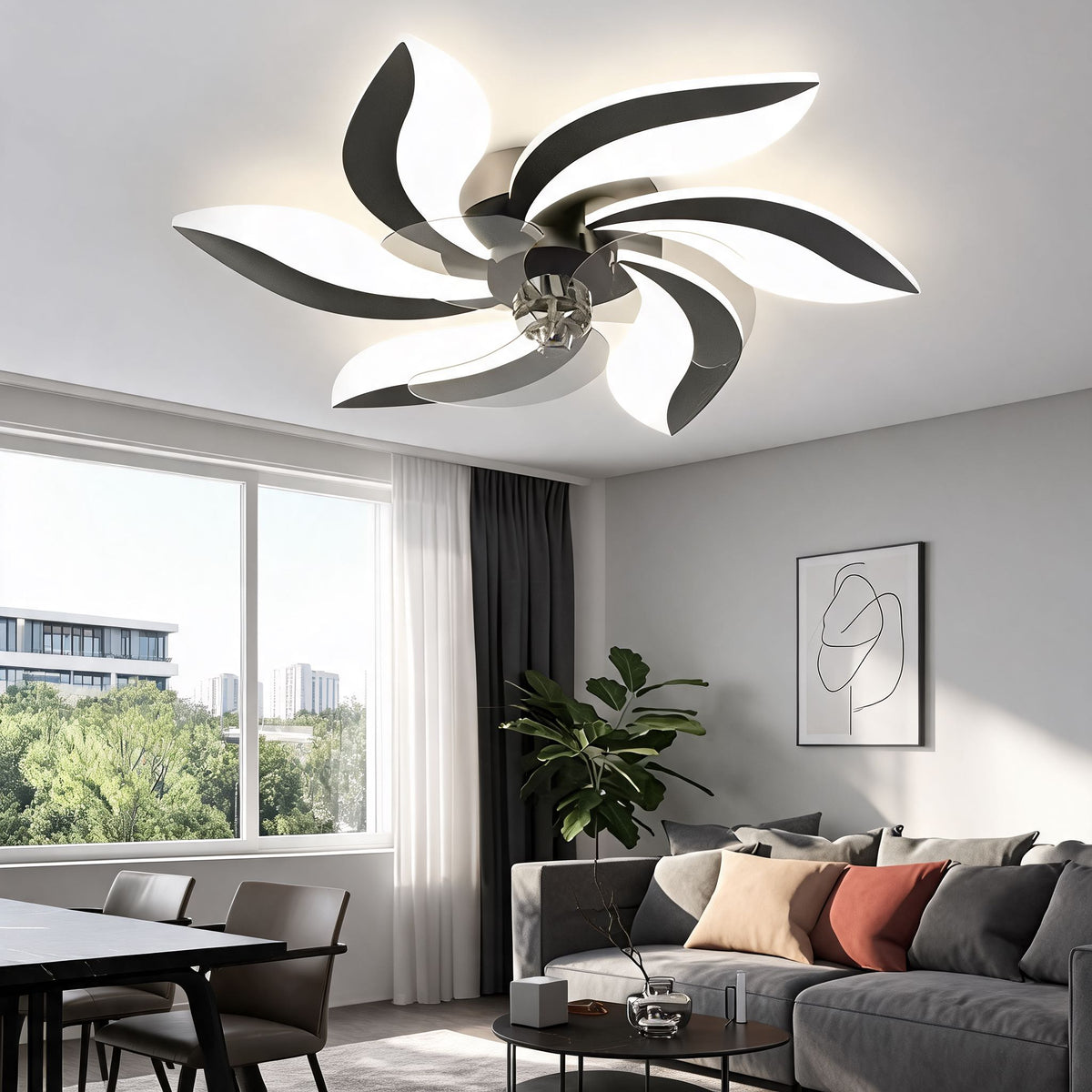 Heart & Flower Design Flush Mount Ceiling Fan with 50W LED Light Black or White