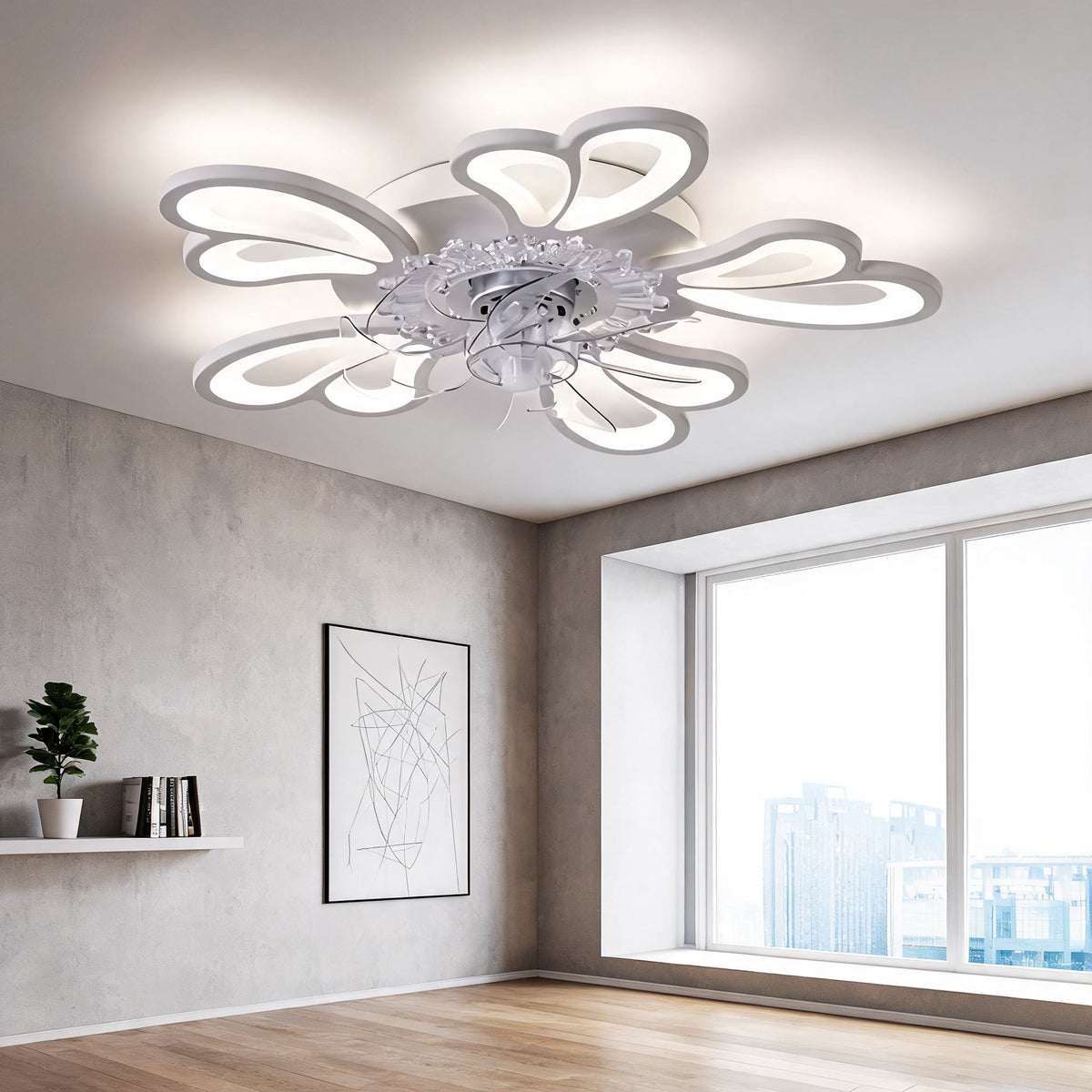 Heart & Flower Design Flush Mount Ceiling Fan with 50W LED Light Black or White
