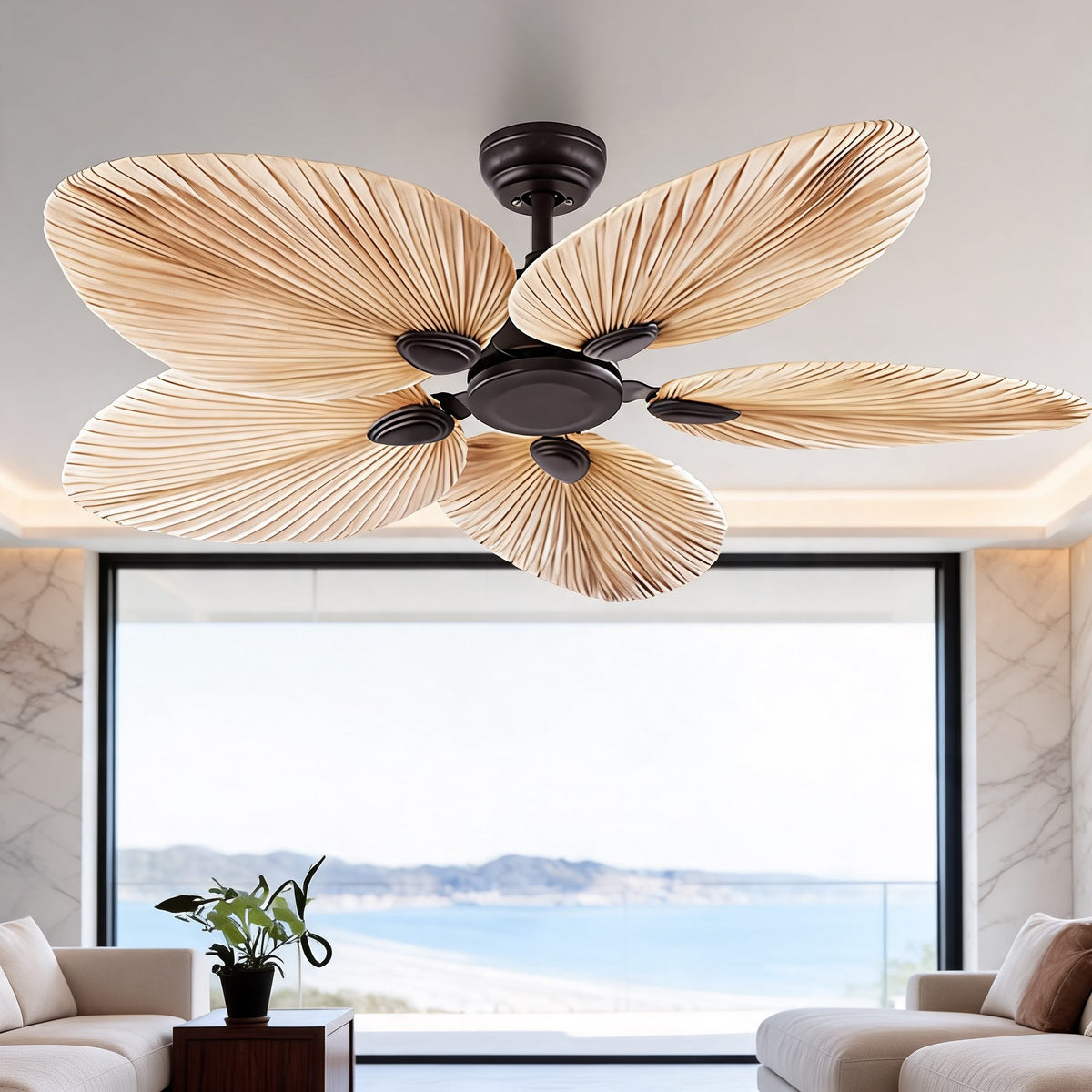 Natural Palm Leaf Ceiling Fan with Light Remote Control & Reversible Airflow