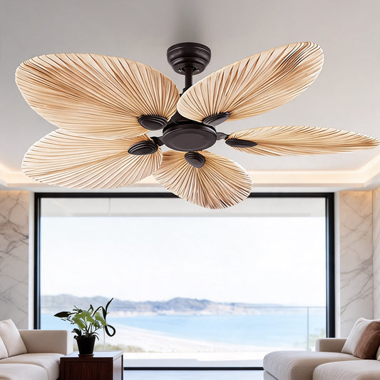 Natural Palm Leaf Ceiling Fan with Light Remote Control & Reversible Airflow