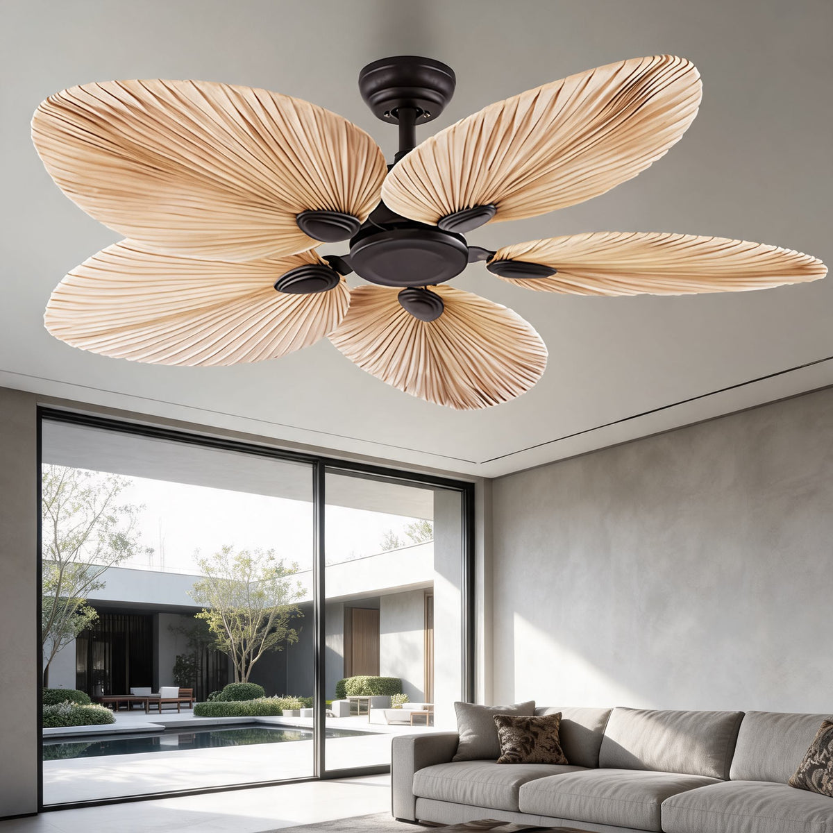 Natural Palm Leaf Ceiling Fan with Light Remote Control & Reversible Airflow