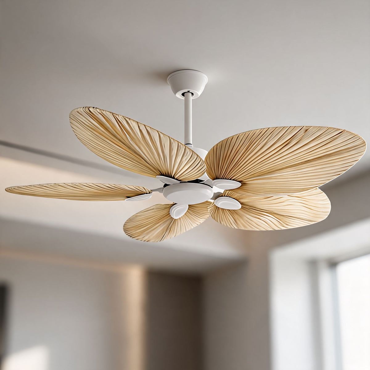 Natural Palm Leaf Ceiling Fan with Light Remote Control & Reversible Airflow
