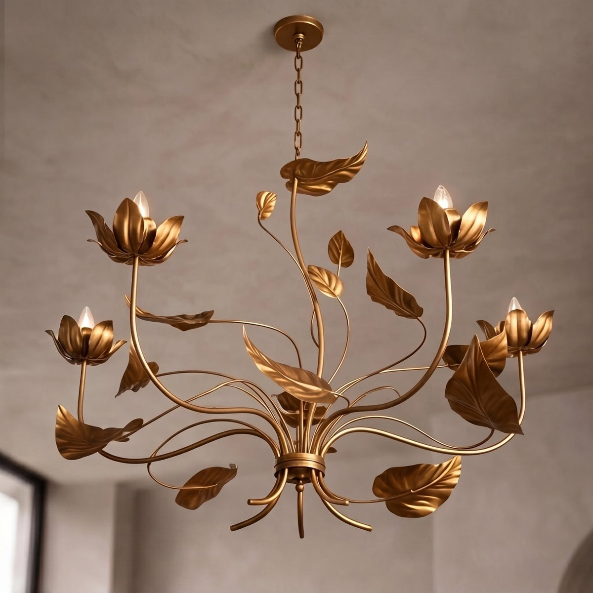 Antiqued Gold Branch Leaf Chandelier Iron 5 or 6 Light