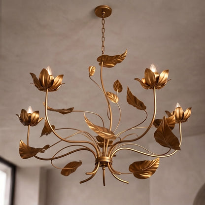 Antiqued Gold Branch Leaf Chandelier Iron 5 or 6 Light