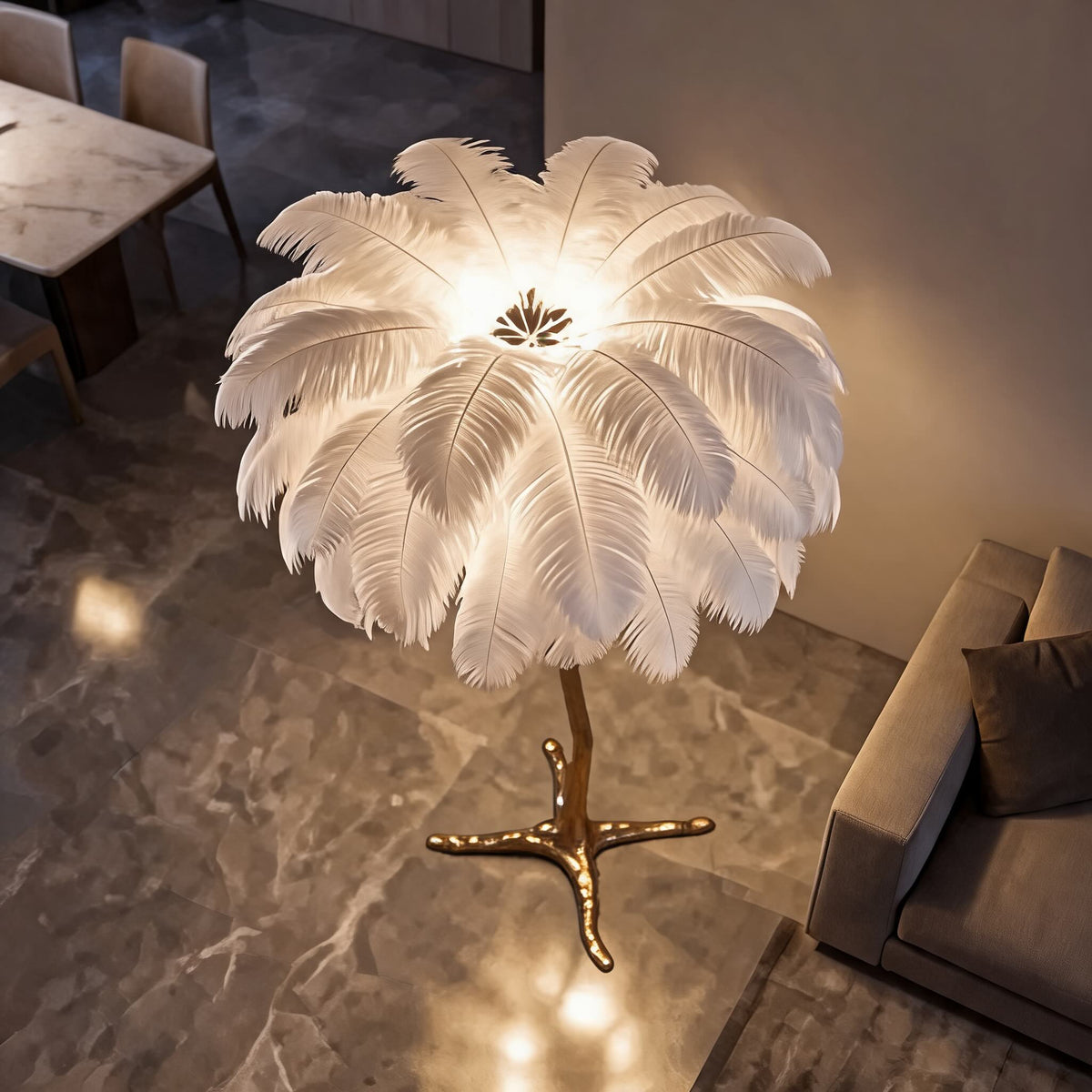 Ostrich Feather Floor Lamp Copper Base Ambient LED