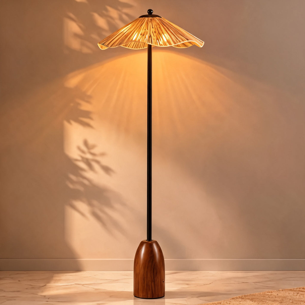 Raffia Shade Floor Lamp Walnut Base Adjustable LED