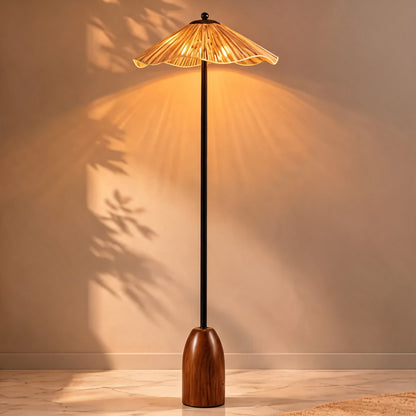Raffia Shade Floor Lamp Walnut Base Adjustable LED