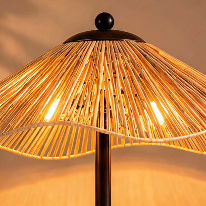 Raffia Shade Floor Lamp Walnut Base Adjustable LED