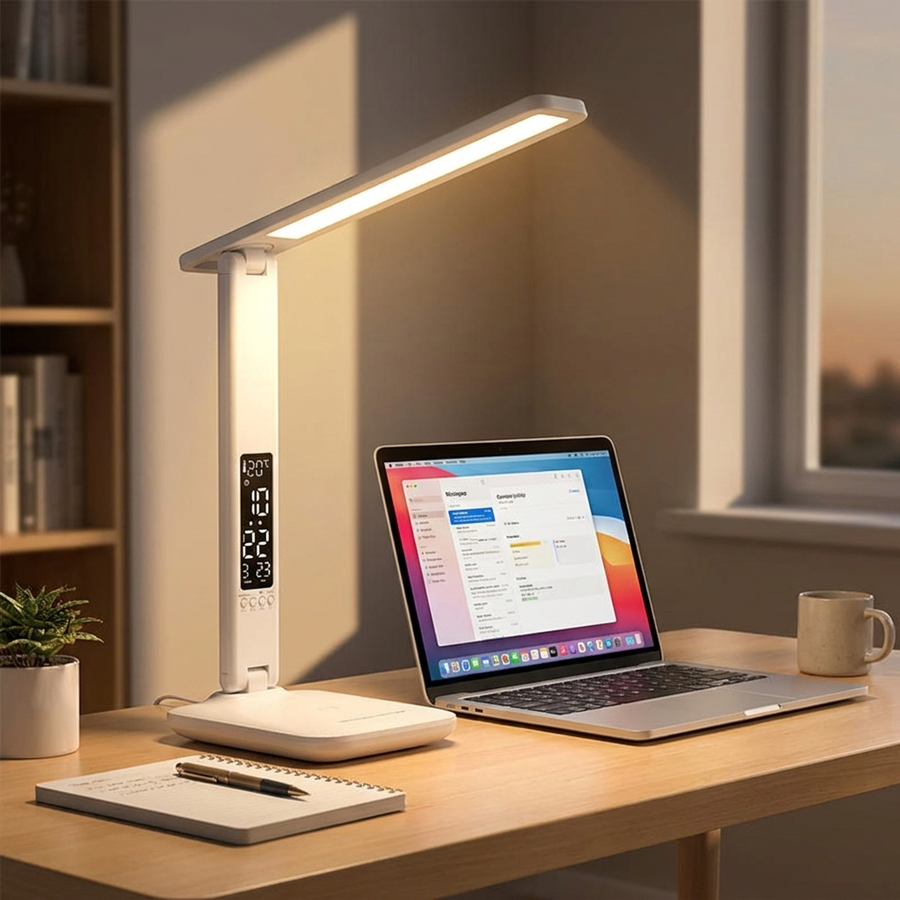 LED Desk Lamp with Clock and Calendar Home Office Indoor Lighting Touch Dimmer