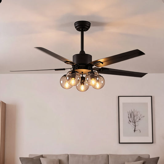 Industrial Black Metal Ceiling Fan with LED Light 3-Speed in Three Sizes