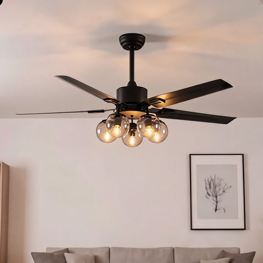 Industrial Black Metal Ceiling Fan with LED Light 3-Speed in Three Sizes