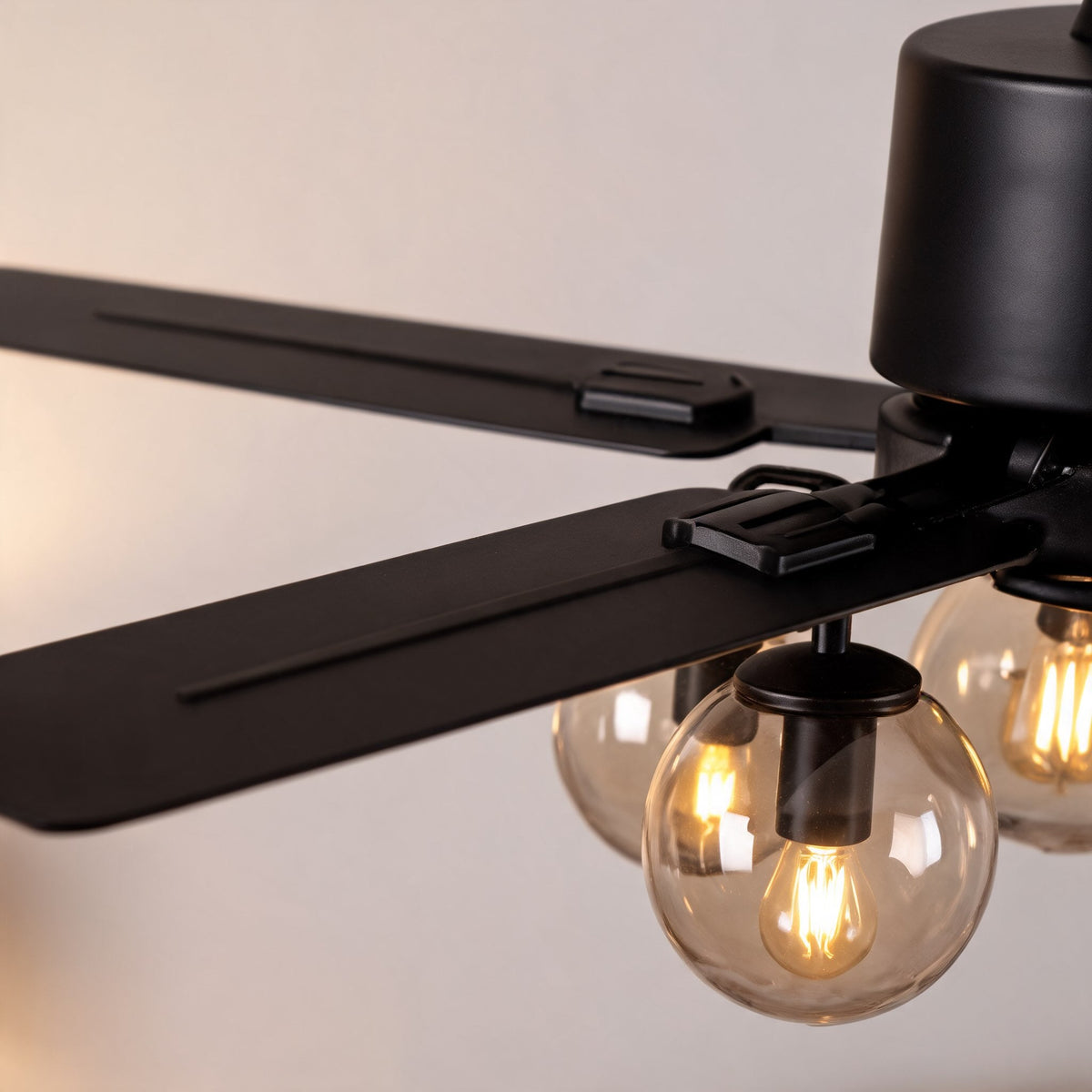 Industrial Black Metal Ceiling Fan with LED Light 3-Speed in Three Sizes