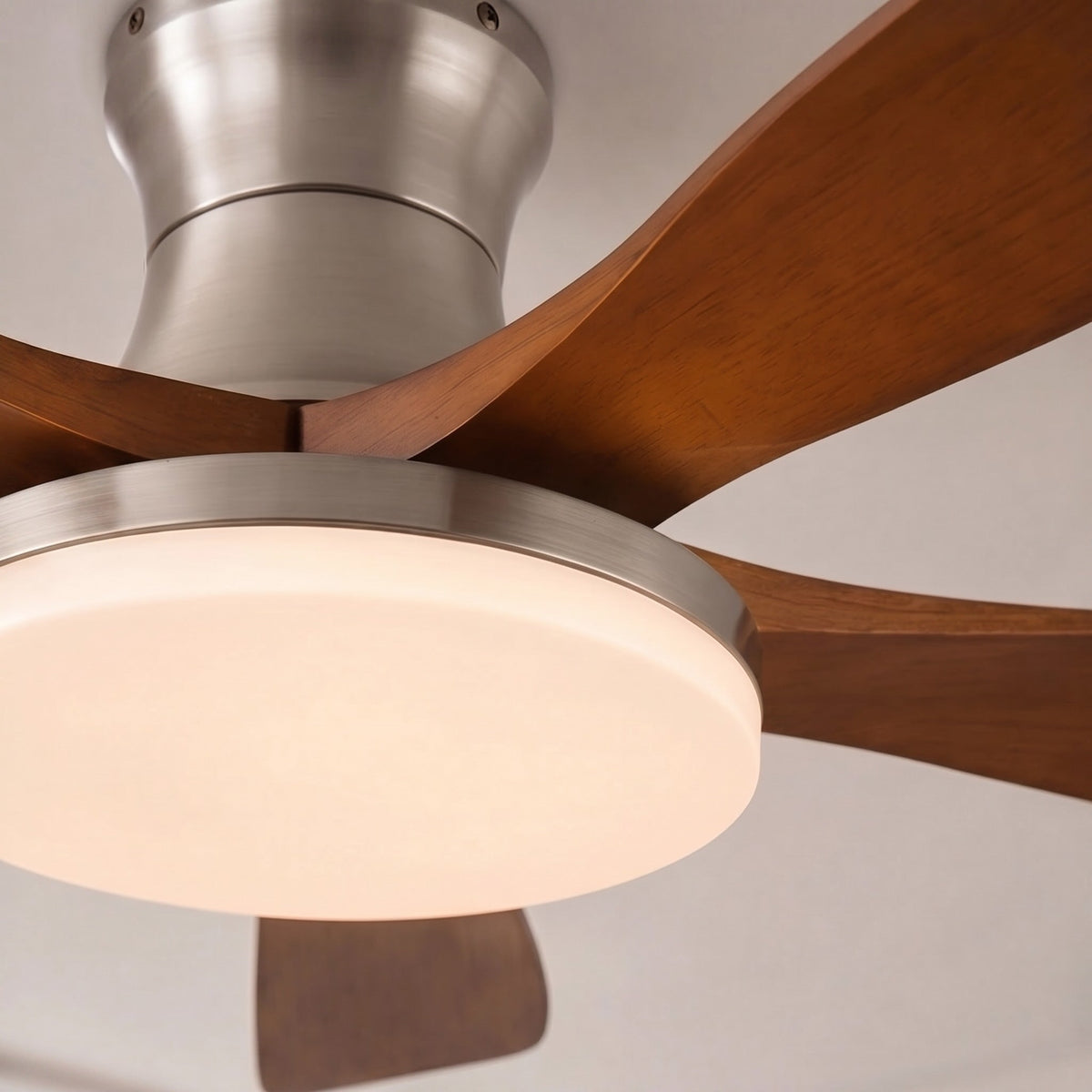 Nickel or Bronze & Walnut Wood Blade Ceiling Fan with LED Light 106 or 132 cm