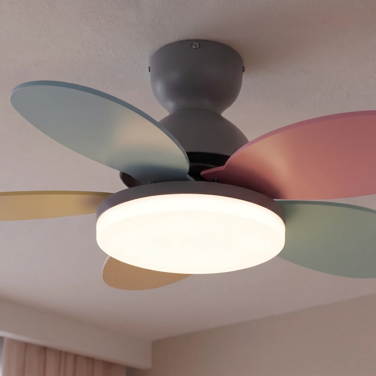 Petal Blade DC Ceiling Fan with LED Light Wood Grain or Colourful 90 or 100 cm