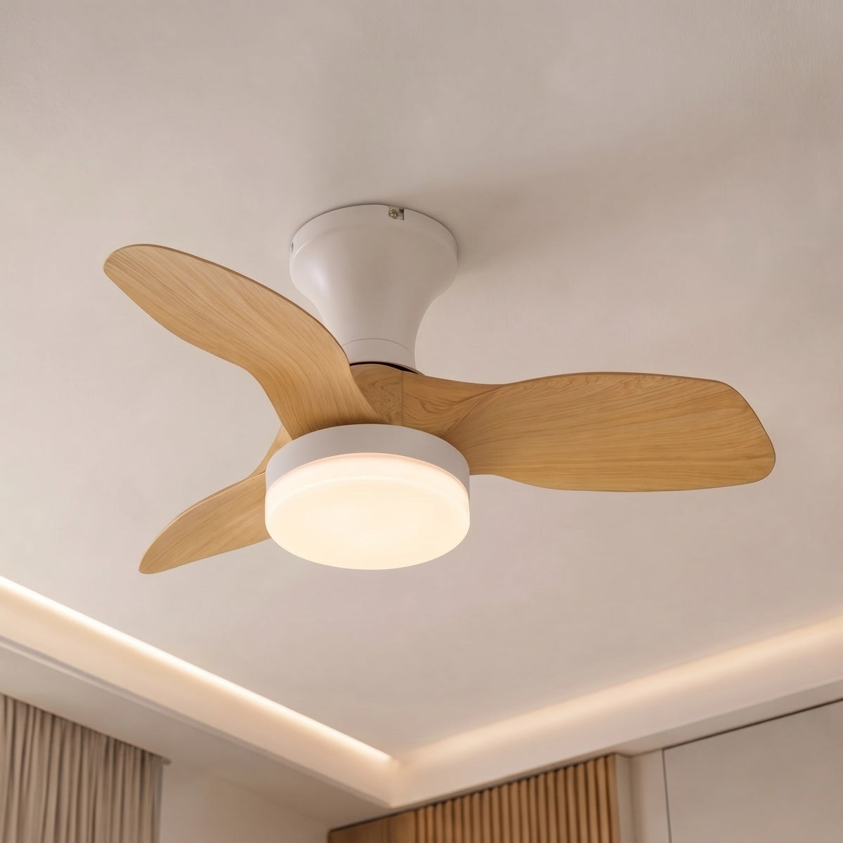 Arched Oak Blade Flush Mount Ceiling Fan with Tri-Colour LED and DC Motor