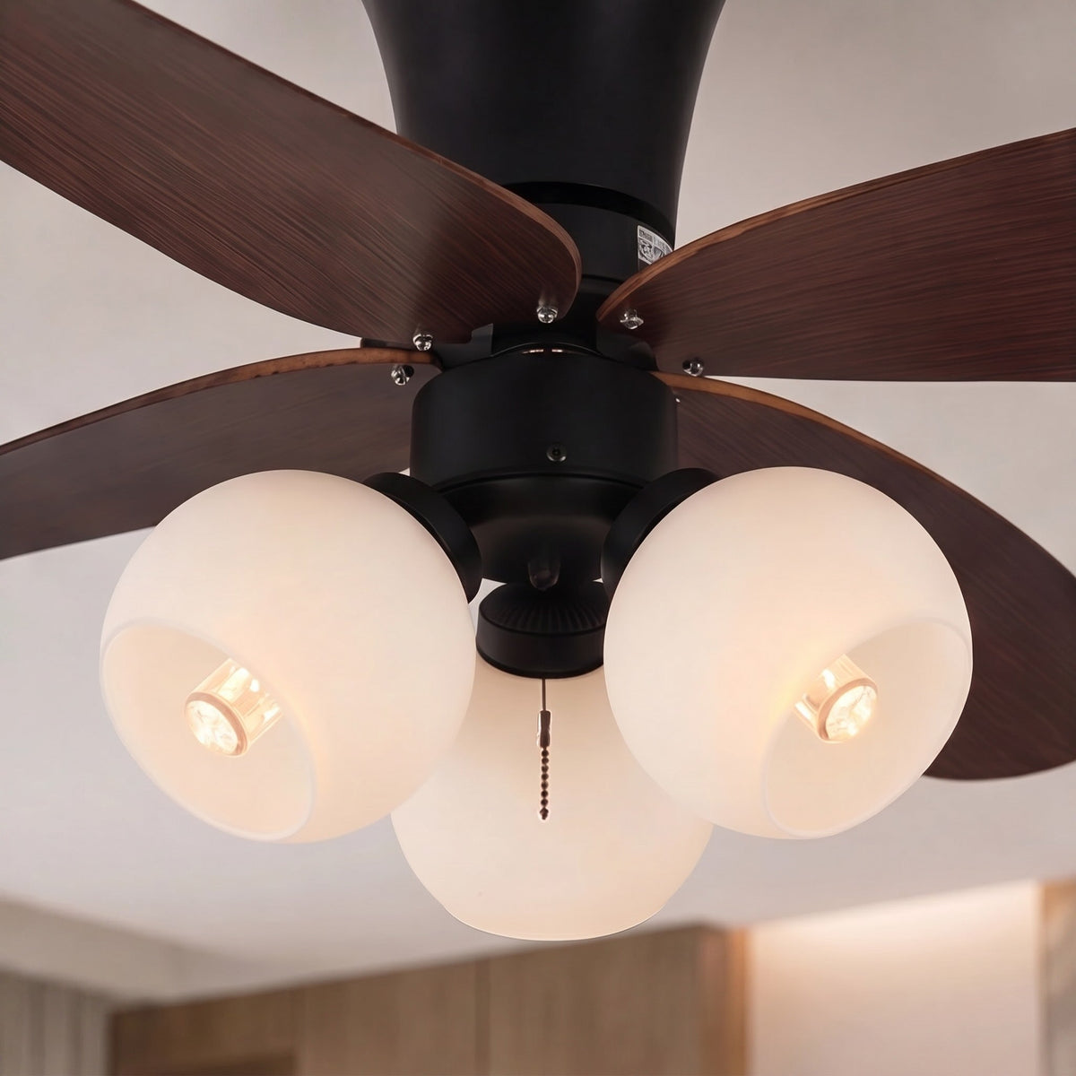 Petal Blade Walnut Ceiling Fan with Glass Globe Lights E27 6-Speed Remote