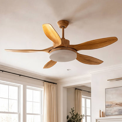 Five Blade Wood Grain DC Ceiling Fan with LED Light Tri-Colour 122 or 132 cm