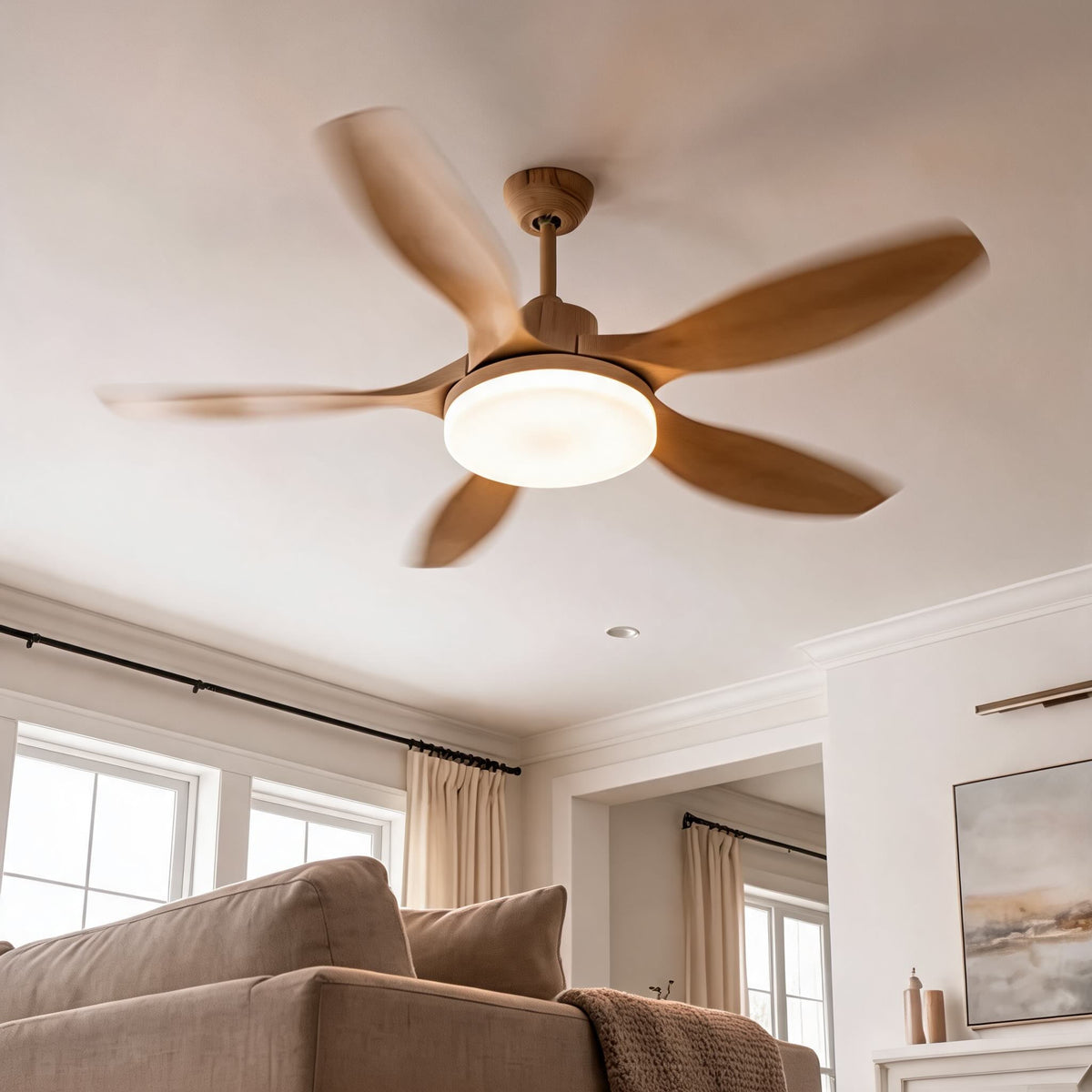 Five Blade Wood Grain DC Ceiling Fan with LED Light Tri-Colour 122 or 132 cm