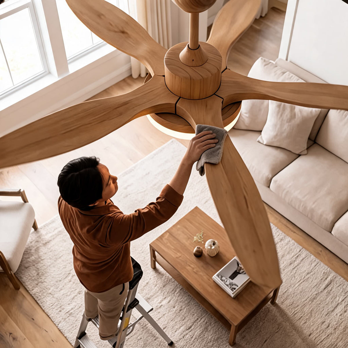 Five Blade Wood Grain DC Ceiling Fan with LED Light Tri-Colour 122 or 132 cm