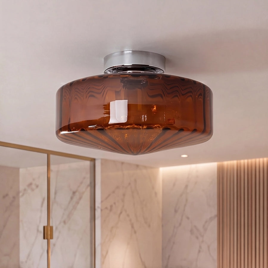 Corrugated Glass LED Flush Mount Ceiling Light Chrome Brown or Green