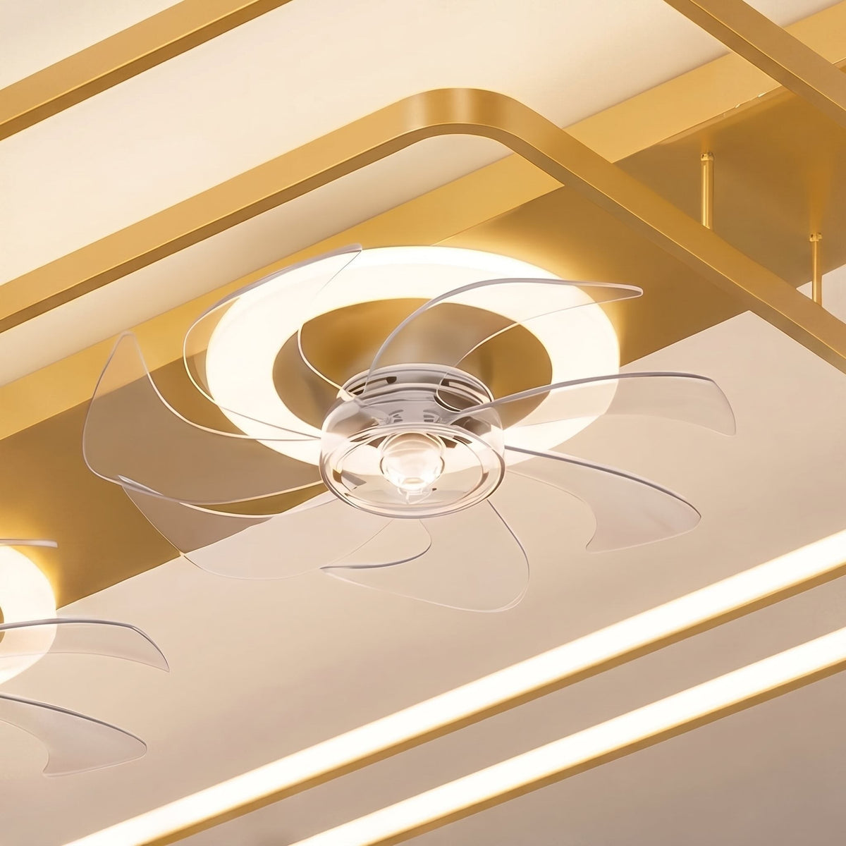 Rectangular Twin Fan Flush Mount Ceiling Fan with Tri-Colour LED Light