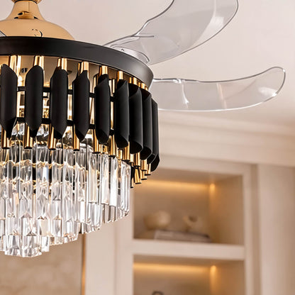 Black & Gold Crystal Ceiling Fan with Dimmable LED Light and Clear Blades