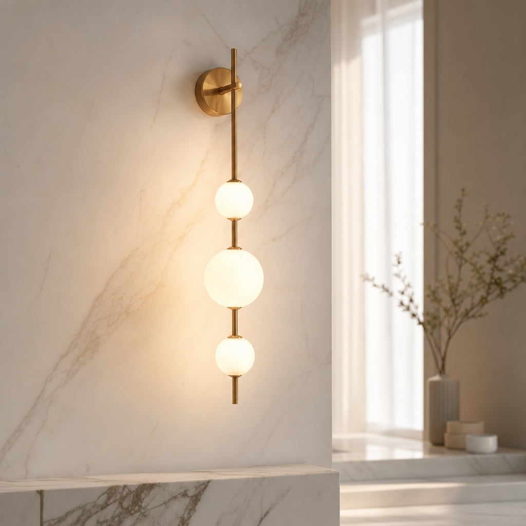 Vertical Globe Wall Light Glass Shade Brass LED Sconce